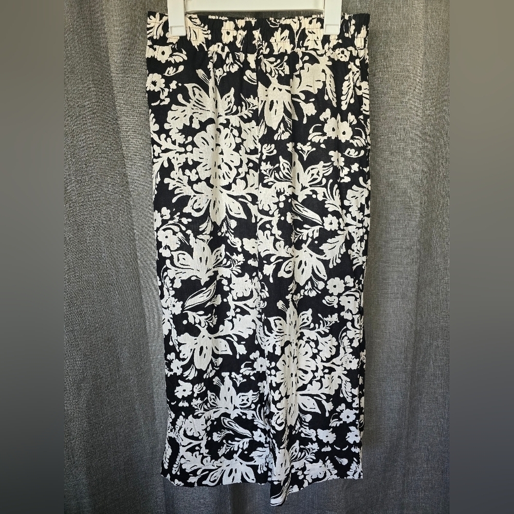 Christian Siriano Wide Leg Linen Elastic Waist Pants Black/White Floral Size M